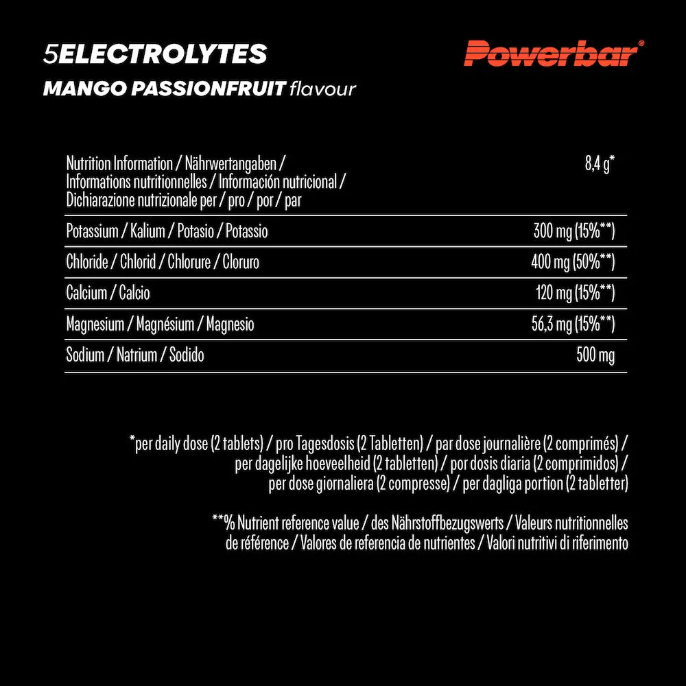 Tableau nutritionnel Powerbar 5 Electrolytes Mangue-Passion avec potassium, chlorure, calcium, magnésium et sodium