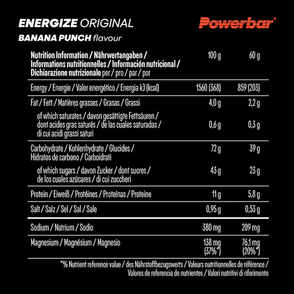 Tableau des valeurs nutritionnelles Powerbar Energize Original Banane Punch pour 100 g et une barre de 55 g