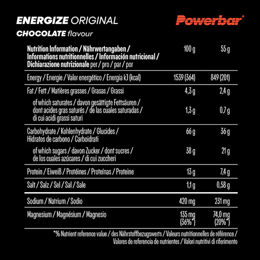 Tableau des valeurs nutritionnelles Powerbar Energize Original Chocolat pour 100 g et une barre de 55 g