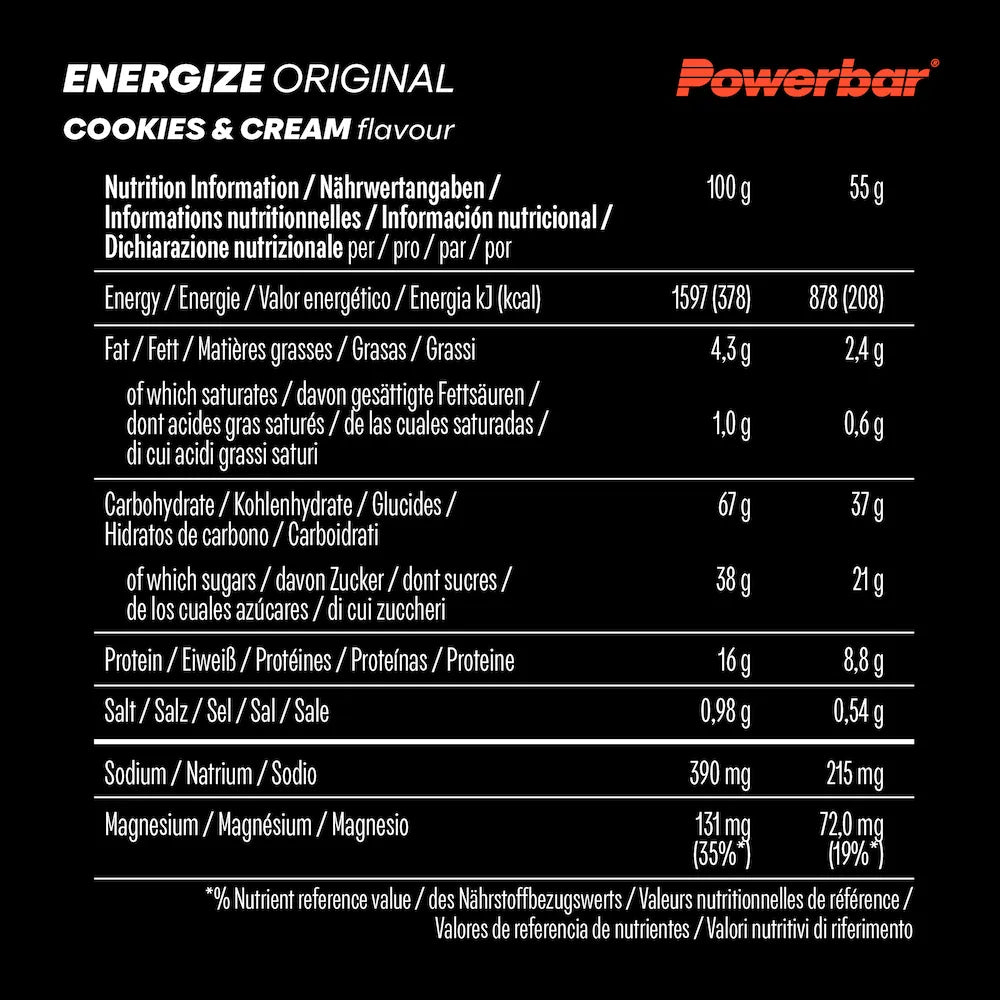 Tableau des valeurs nutritionnelles Powerbar Energize Original Cookies & Cream pour 100 g et une barre de 55 g