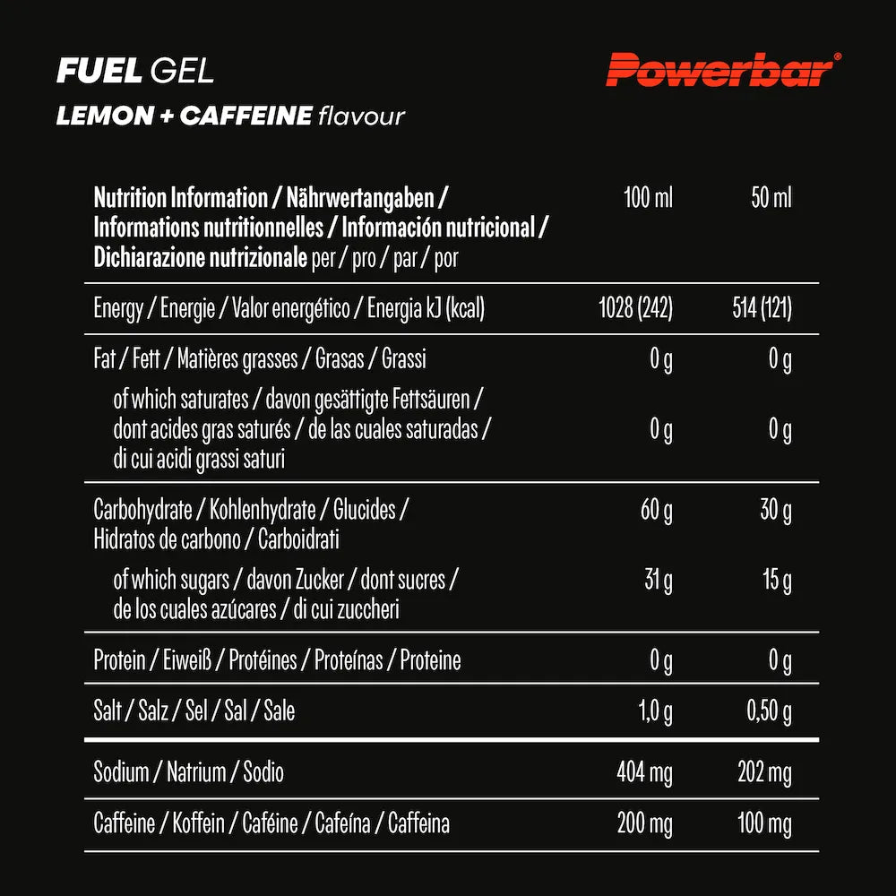 Tableau des valeurs nutritionnelles du POWERBAR Fuel Gel 30 citron avec caféine