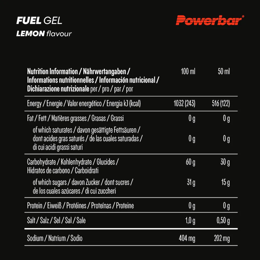 Tableau des valeurs nutritionnelles du POWERBAR Fuel Gel 30 citron