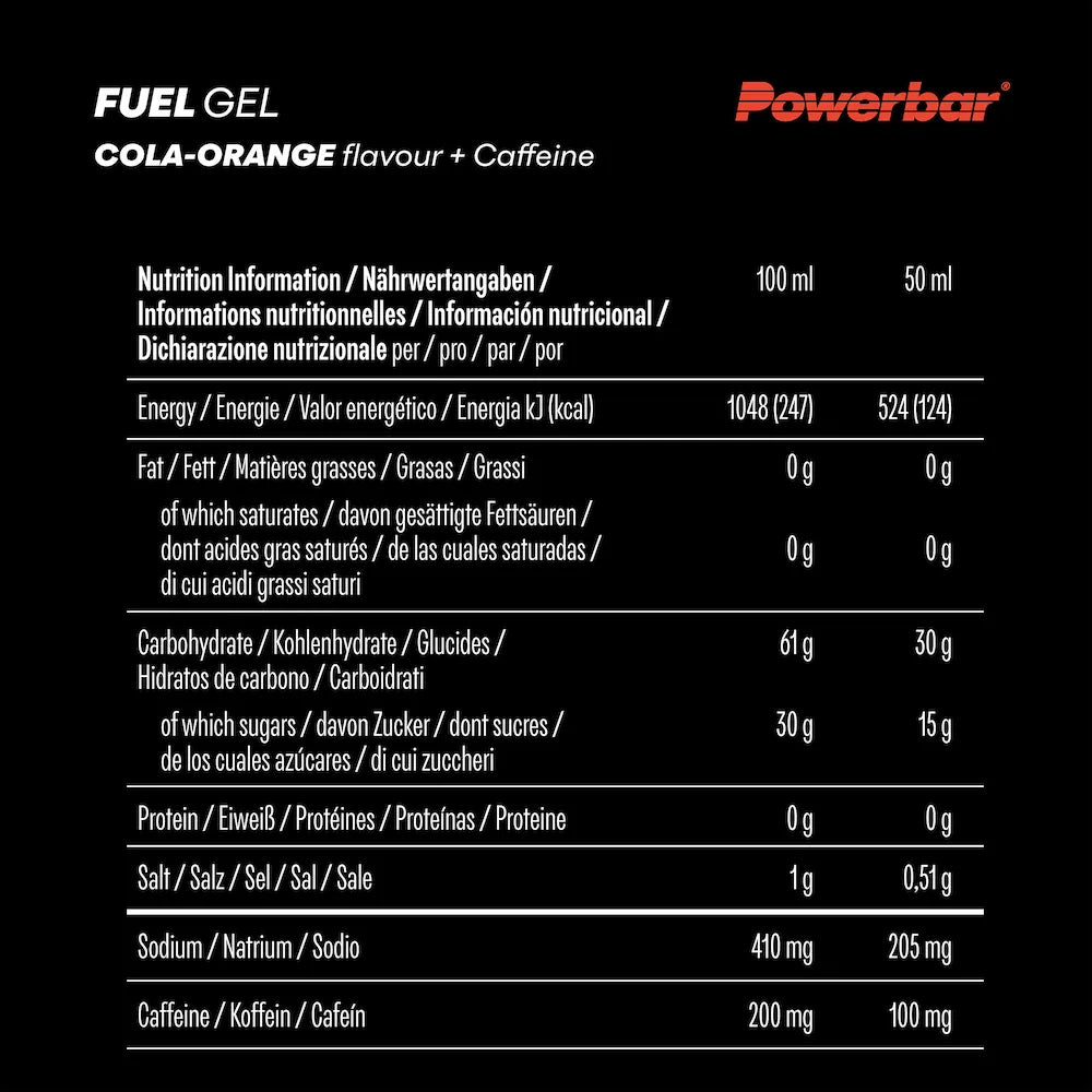 Tableau des valeurs nutritionnelles du POWERBAR Fuel Gel 30 Cola-Orange avec caféine