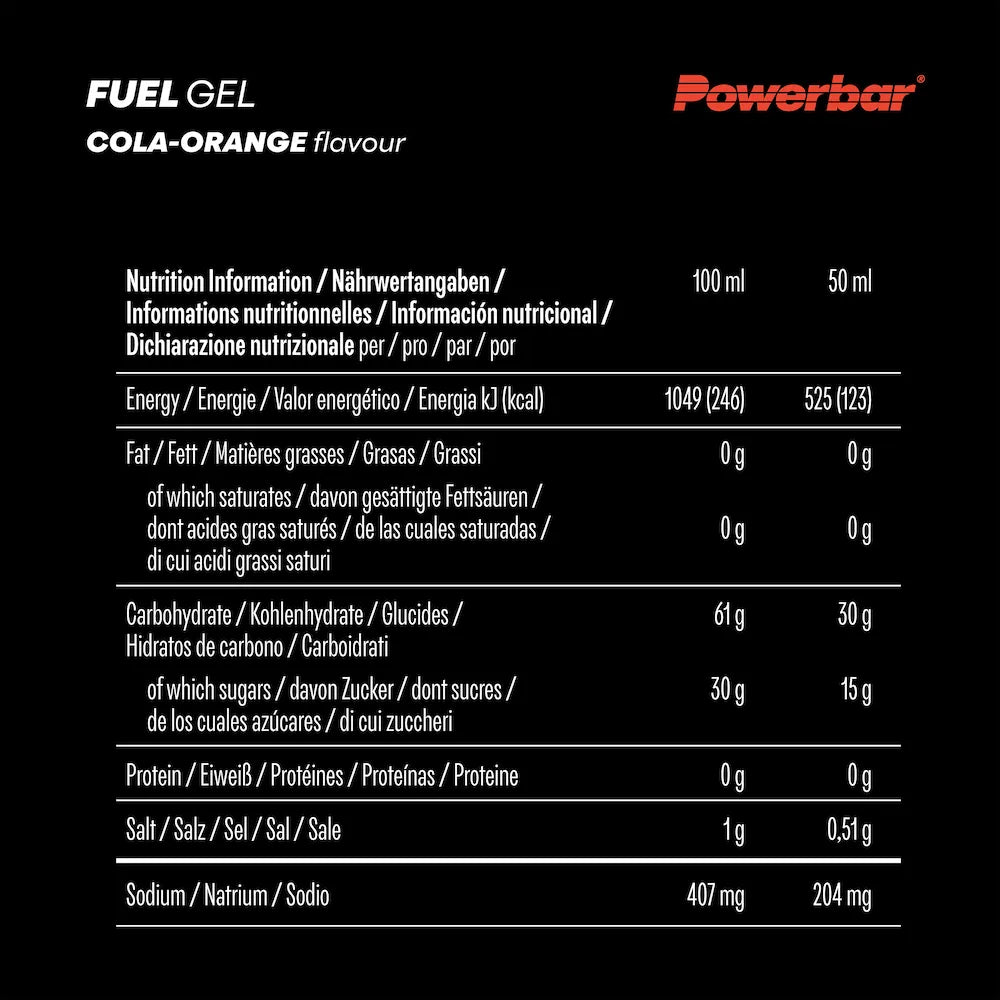 Tableau des valeurs nutritionnelles du POWERBAR Fuel Gel 30 Cola-Orange