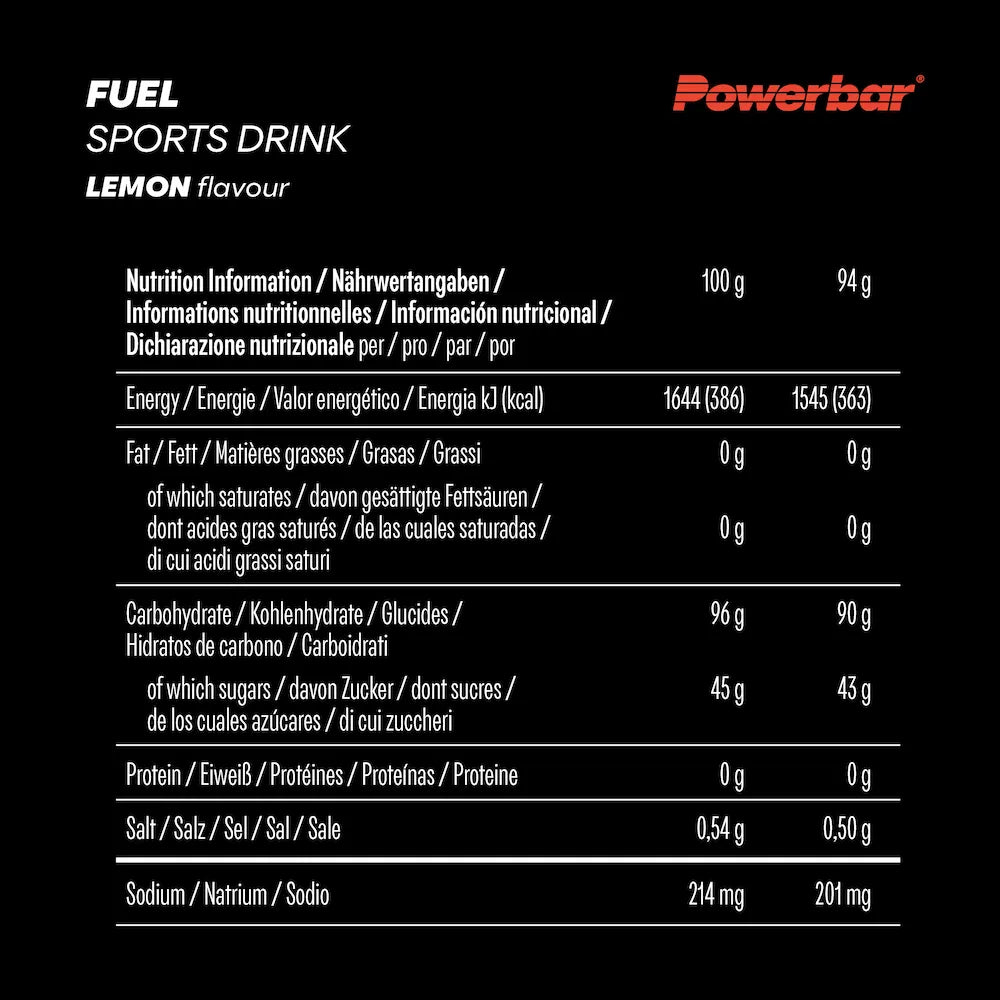 Tableau des valeurs nutritionnelles Powerbar Fuel Sports Drink Citron pour 100 g et un sachet de 94 g