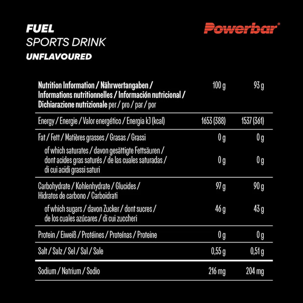 Tableau des valeurs nutritionnelles Powerbar Fuel Sports Drink goût neutre pour 100 g et un sachet de 93 g
