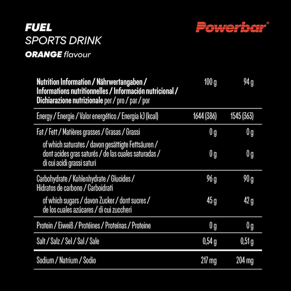 Tableau des valeurs nutritionnelles Powerbar Fuel Sports Drink Orange pour 100 g et un sachet de 94 g