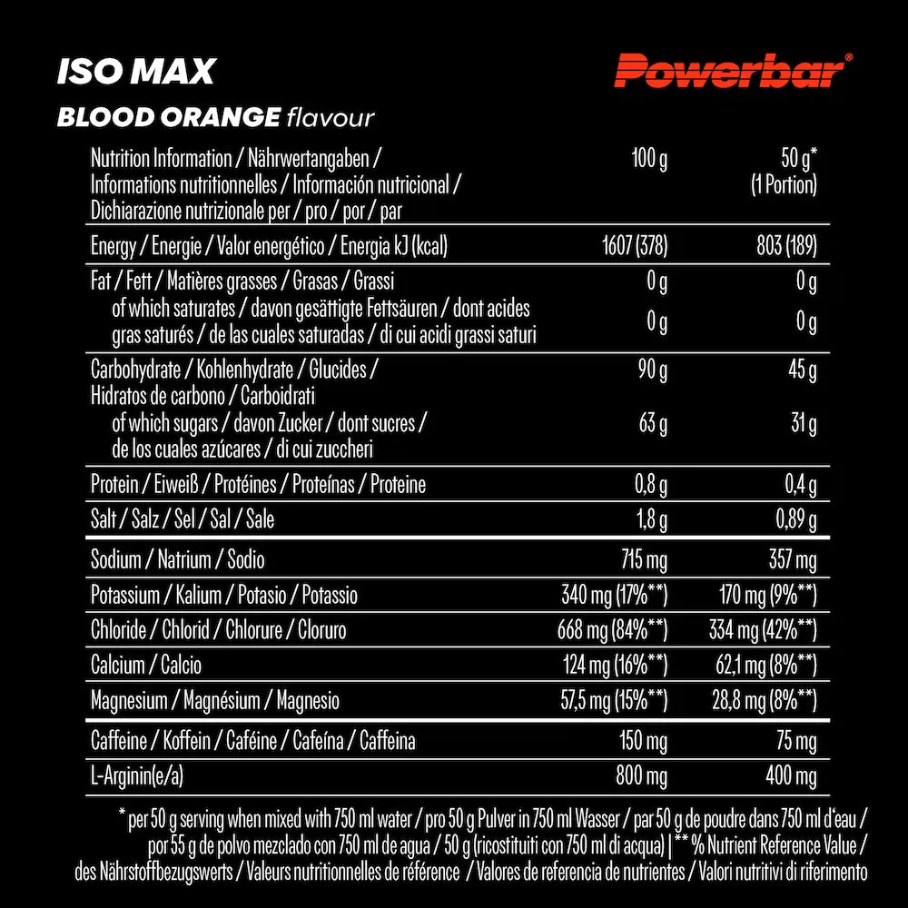 Tableau des valeurs nutritionnelles de Powerbar IsoMax Orange Sanguine