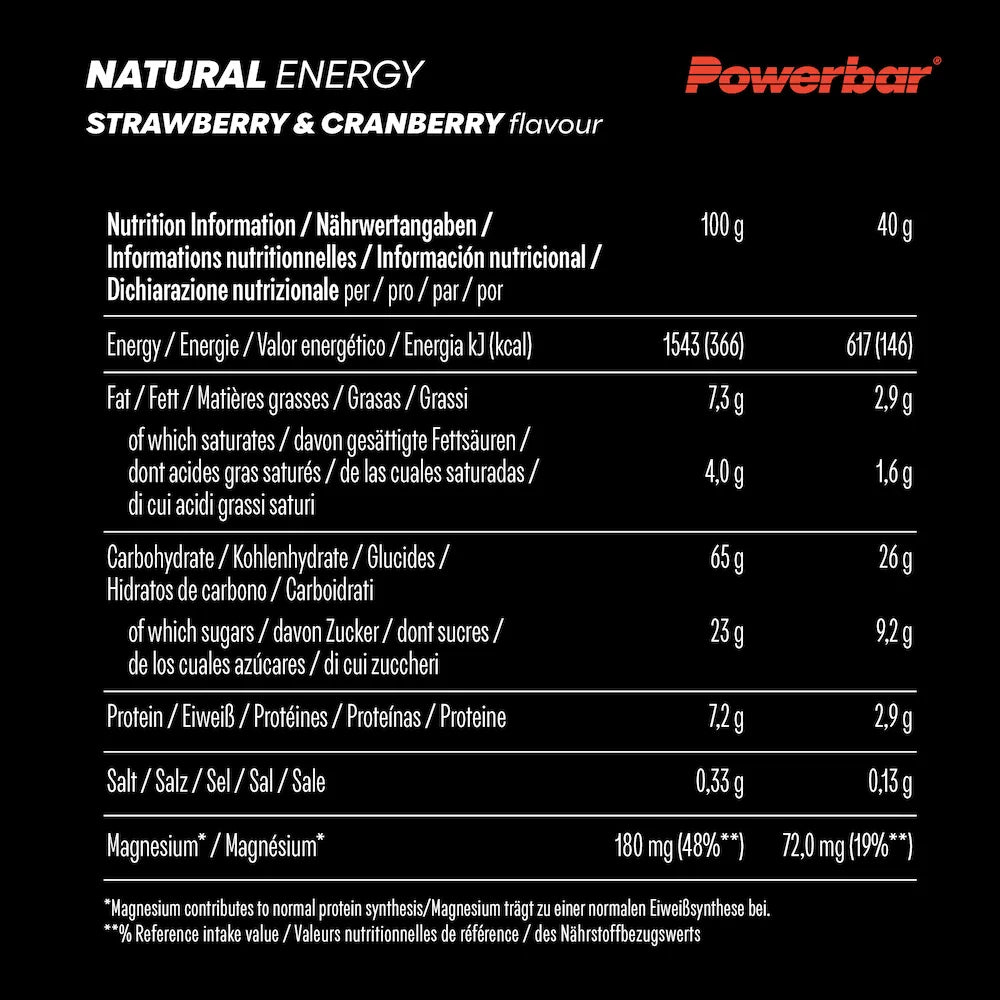 Tableau des valeurs nutritionnelles Powerbar Natural Energy Fraise-canneberge pour 100 g et une barre de 40 g
