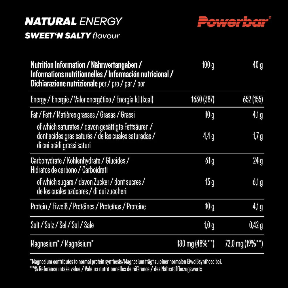 Tableau des valeurs nutritionnelles Powerbar Natural Energy Sucré-salé pour 100 g et une barre de 40 g