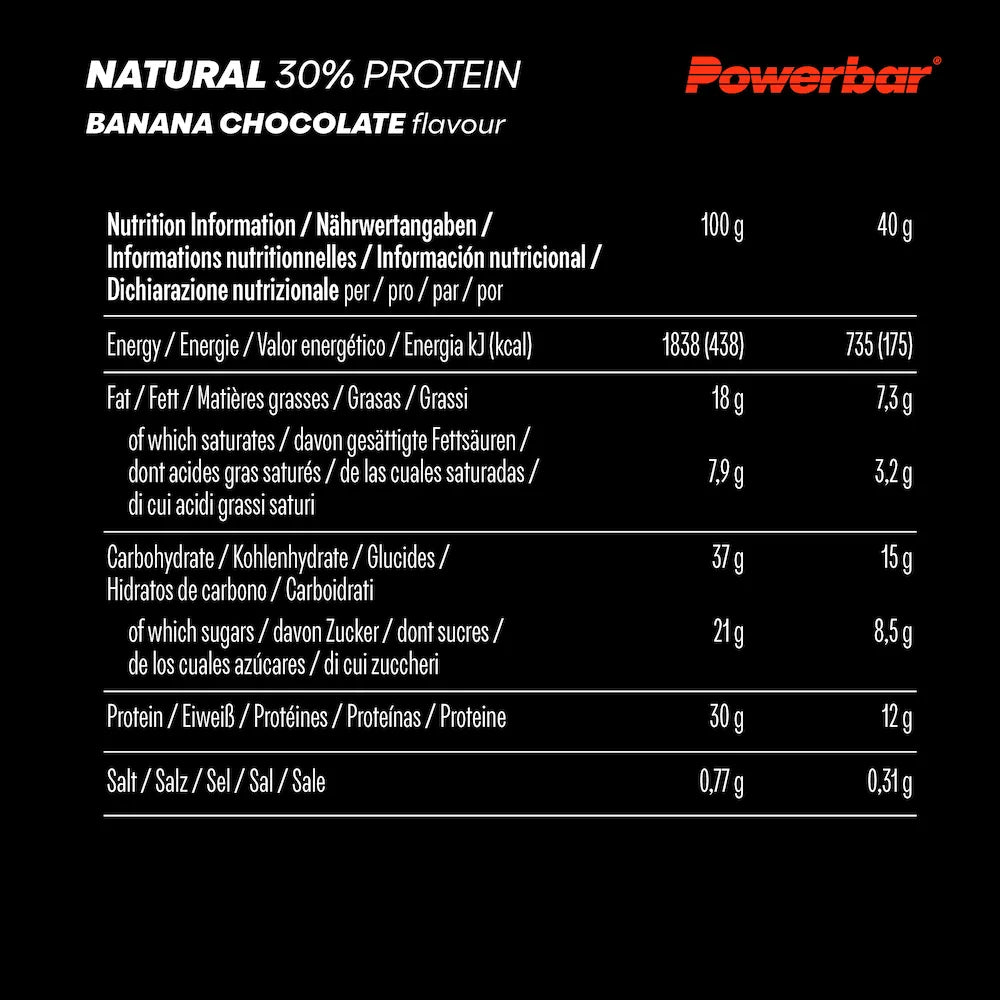 Tableau des valeurs nutritionnelles Powerbar Natural Protein Banane-chocolat pour 100 g et une barre de 40 g