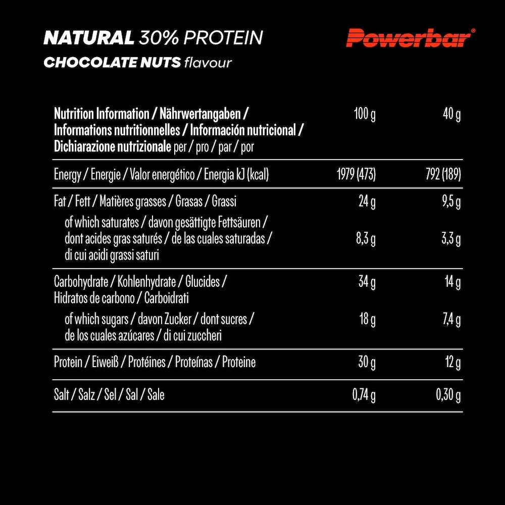 Tableau des valeurs nutritionnelles Powerbar Natural Protein Chocolat-noisettes pour 100 g et une barre de 40 g