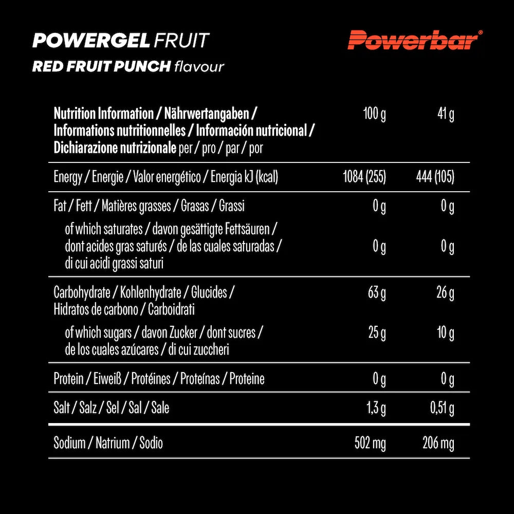 Tableau des valeurs nutritionnelles Powerbar PowerGel Fruit Fruits Rouges pour 100 g et un gel de 41 g