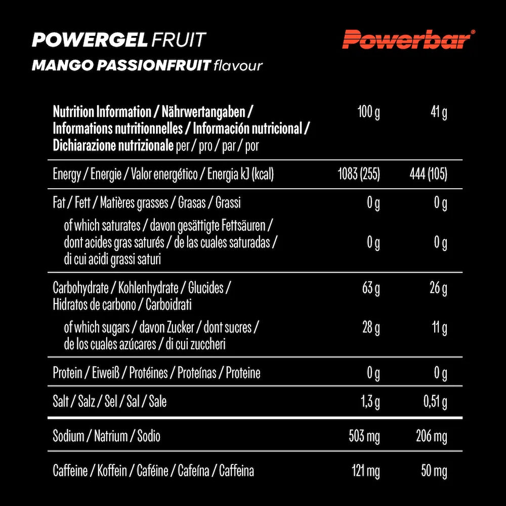 Tableau nutritionnel Powerbar PowerGel Fruit Mangue-Passion avec 26 g de glucides, 206 mg de sodium et 50 mg de caféine