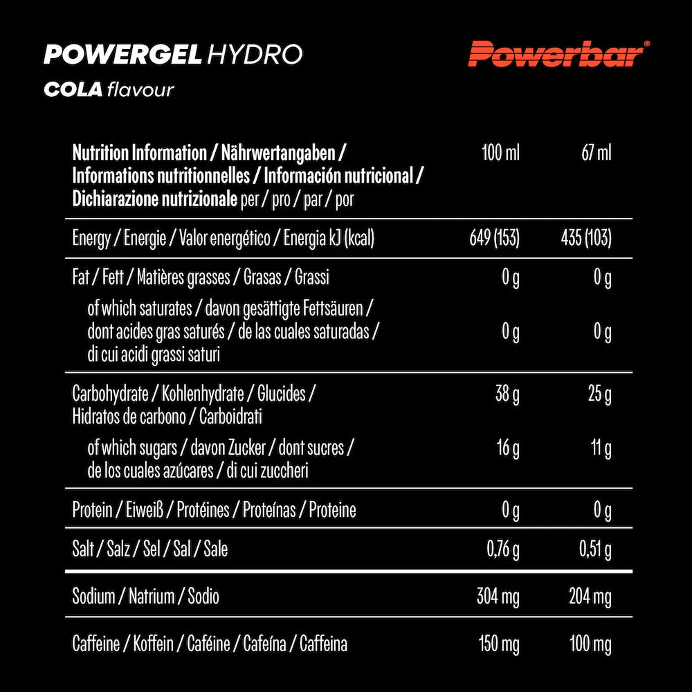 Tableau nutritionnel Powerbar PowerGel Hydro Cola avec 25 g de glucides, 204 mg de sodium et 100 mg de caféine par gel de 67 ml