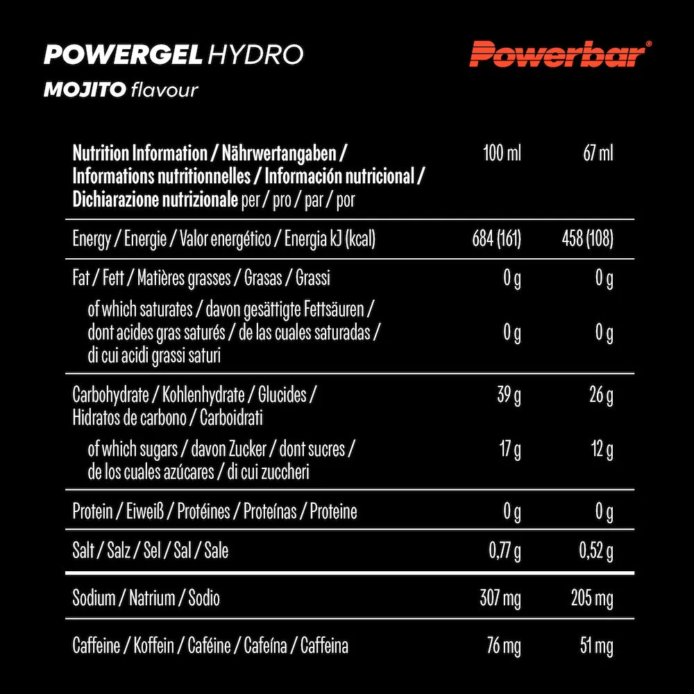 Tableau nutritionnel Powerbar PowerGel Hydro Mojito avec 26 g de glucides, 205 mg de sodium et 51 mg de caféine par gel de 67 ml