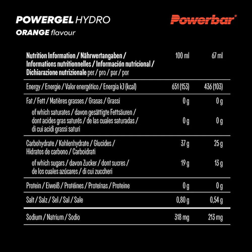 Tableau nutritionnel Powerbar PowerGel Hydro Orange avec 25 g de glucides et 213 mg de sodium par gel de 67 ml