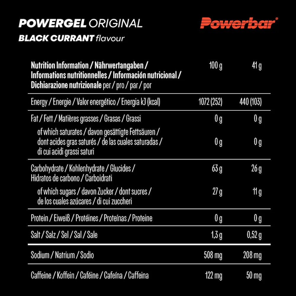 Tableau nutritionnel Powerbar PowerGel Original Cassis avec 26 g de glucides, 208 mg de sodium et 50 mg de caféine