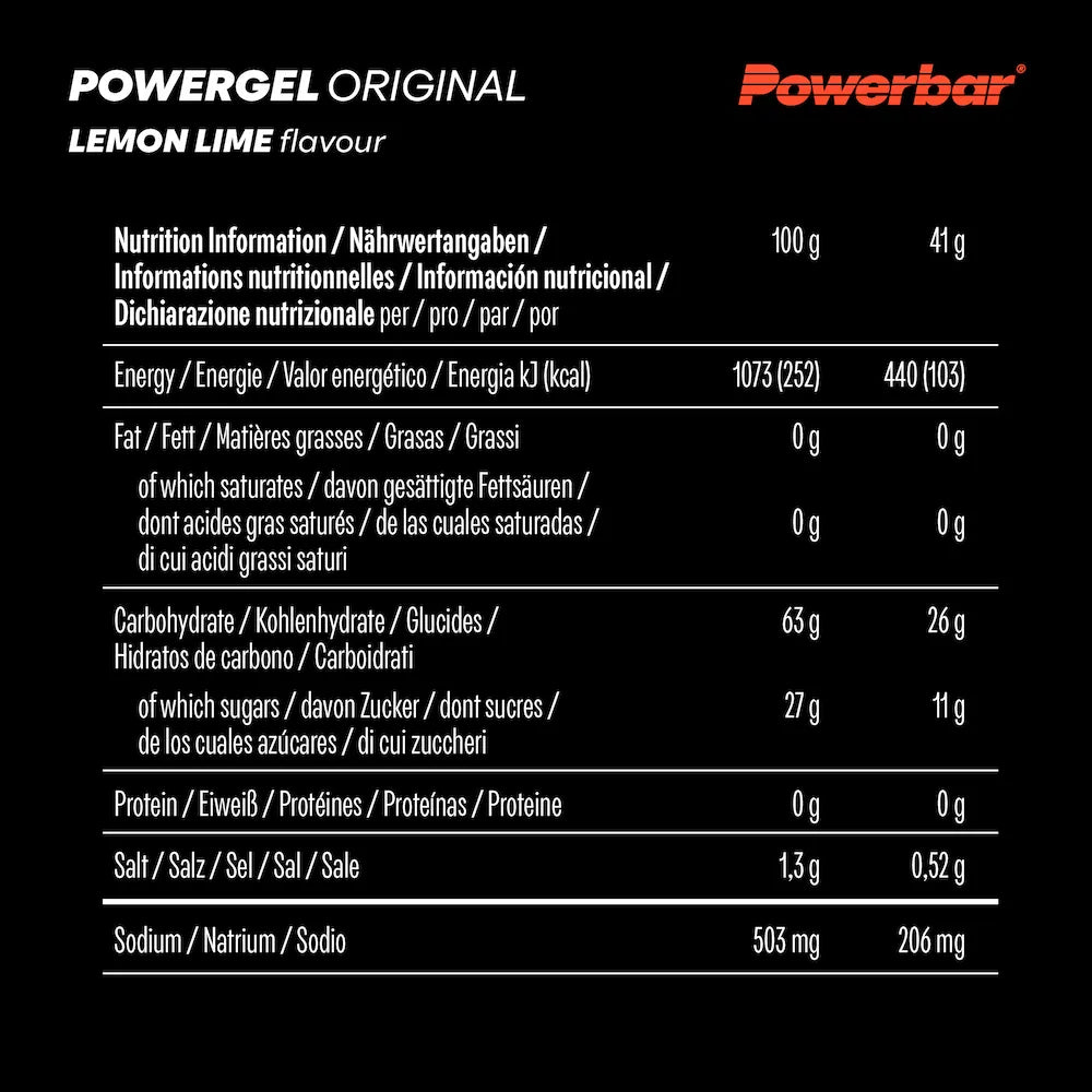 Tableau nutritionnel Powerbar PowerGel Original Citron-Citron vert avec 26 g de glucides et 206 mg de sodium par gel de 41 g