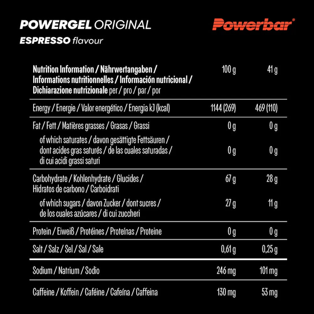 Tableau nutritionnel Powerbar PowerGel Original Espresso avec 28 g de glucides, 101 mg de sodium et 53 mg de caféine