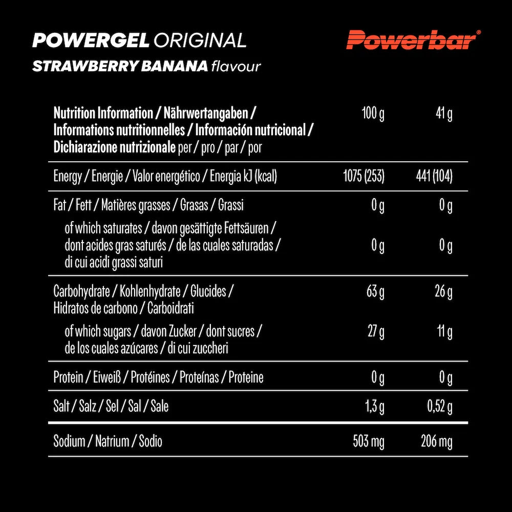 Tableau nutritionnel Powerbar PowerGel Original Fraise-Banane avec 26 g de glucides et 206 mg de sodium par gel