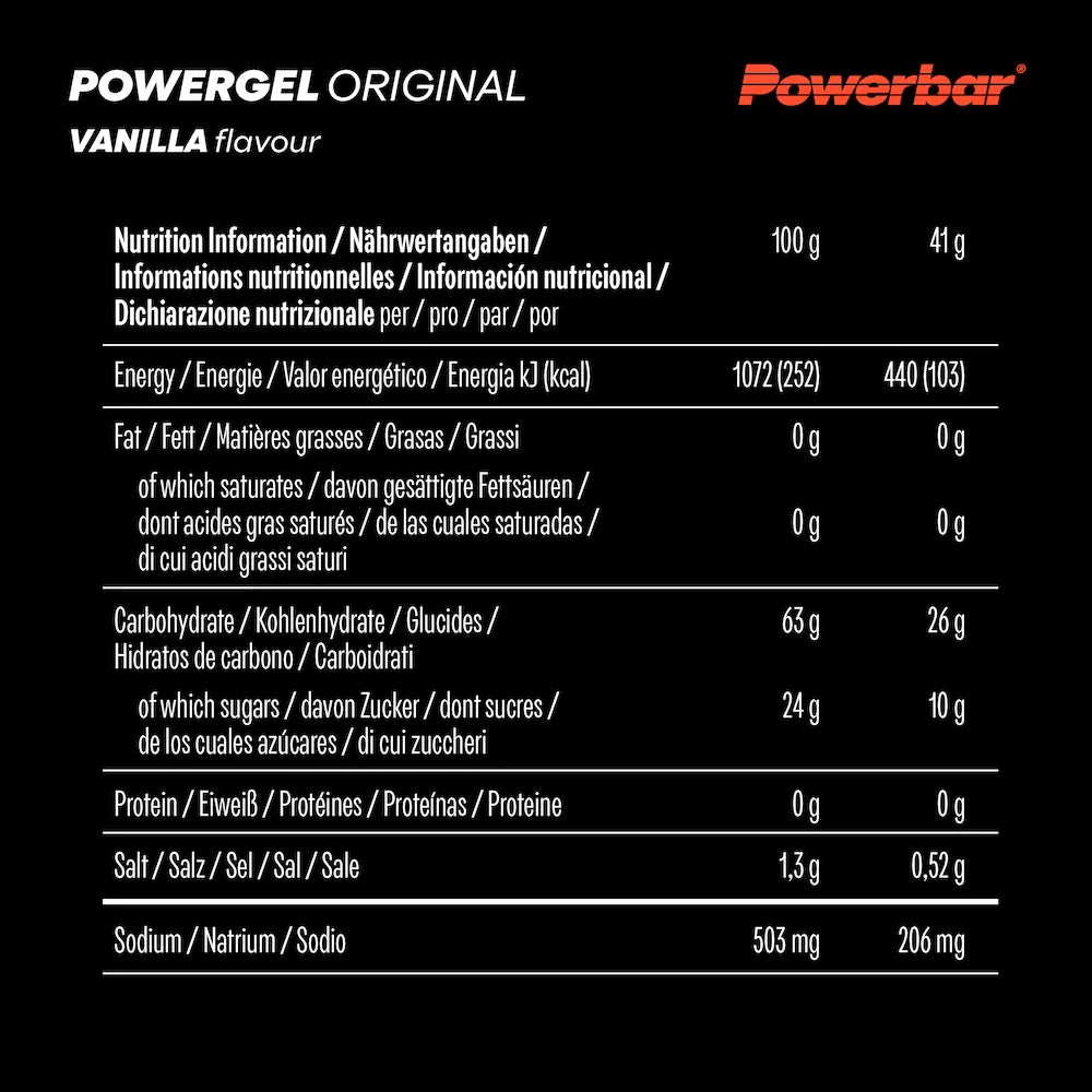 Tableau nutritionnel Powerbar PowerGel Original Vanille avec 26 g de glucides et 206 mg de sodium par gel de 41 g