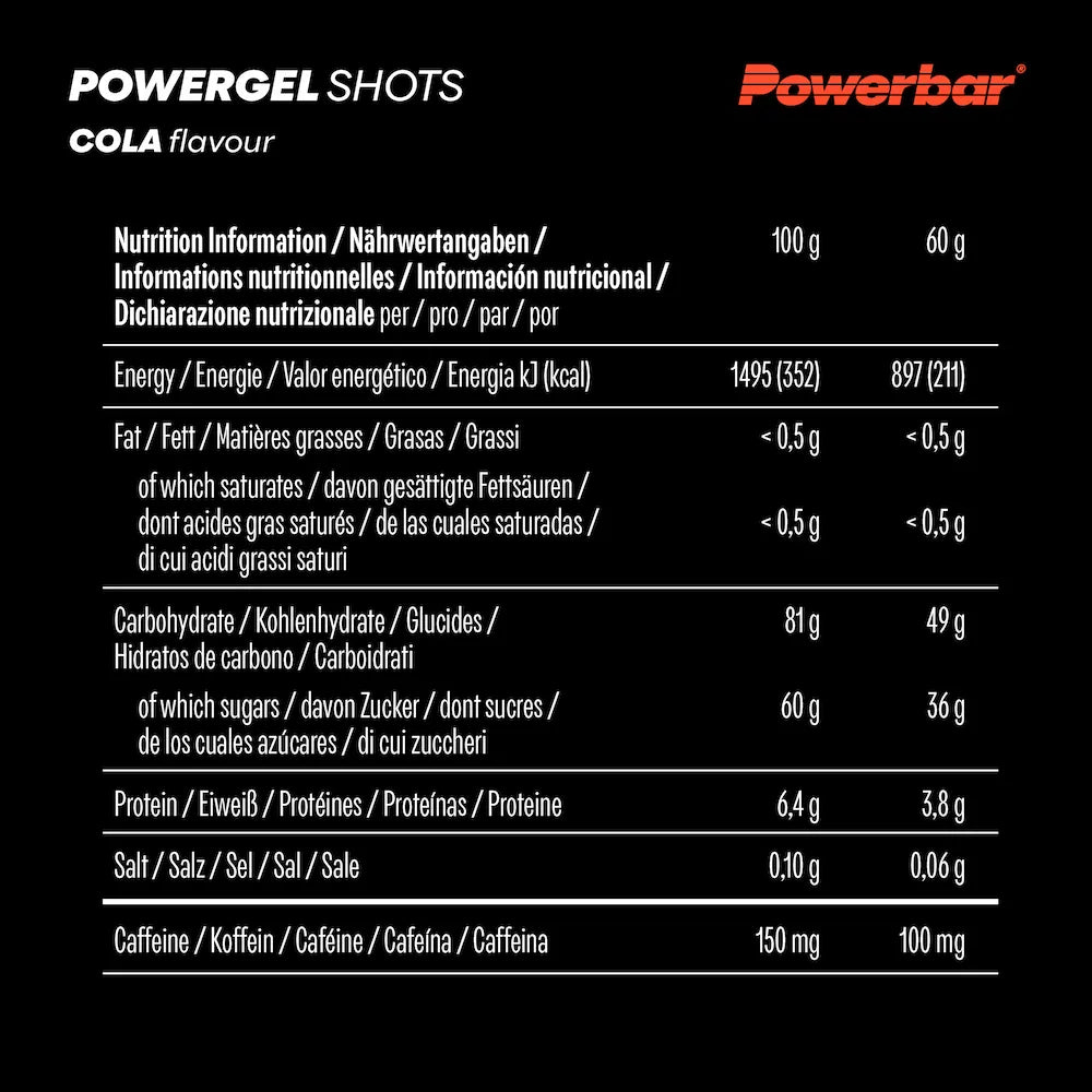 Tableau des valeurs nutritionnelles Powerbar PowerGel Shots Cola pour 100 g et un sachet de 60 g
