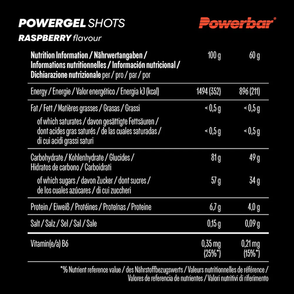 Tableau des valeurs nutritionnelles Powerbar PowerGel Shots Framboise pour 100 g et un sachet de 60 g