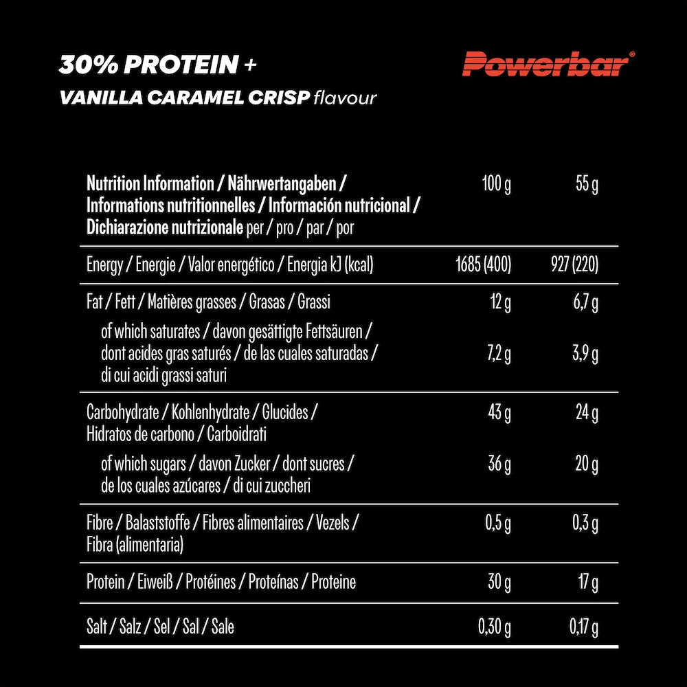 Tableau des valeurs nutritionnelles Powerbar Protein+ 30% Caramel-Vanille pour 100 g et une barre de 55 g