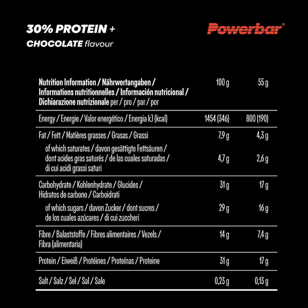 Tableau des valeurs nutritionnelles Powerbar Protein+ 30% Chocolat pour 100 g et une barre de 55 g
