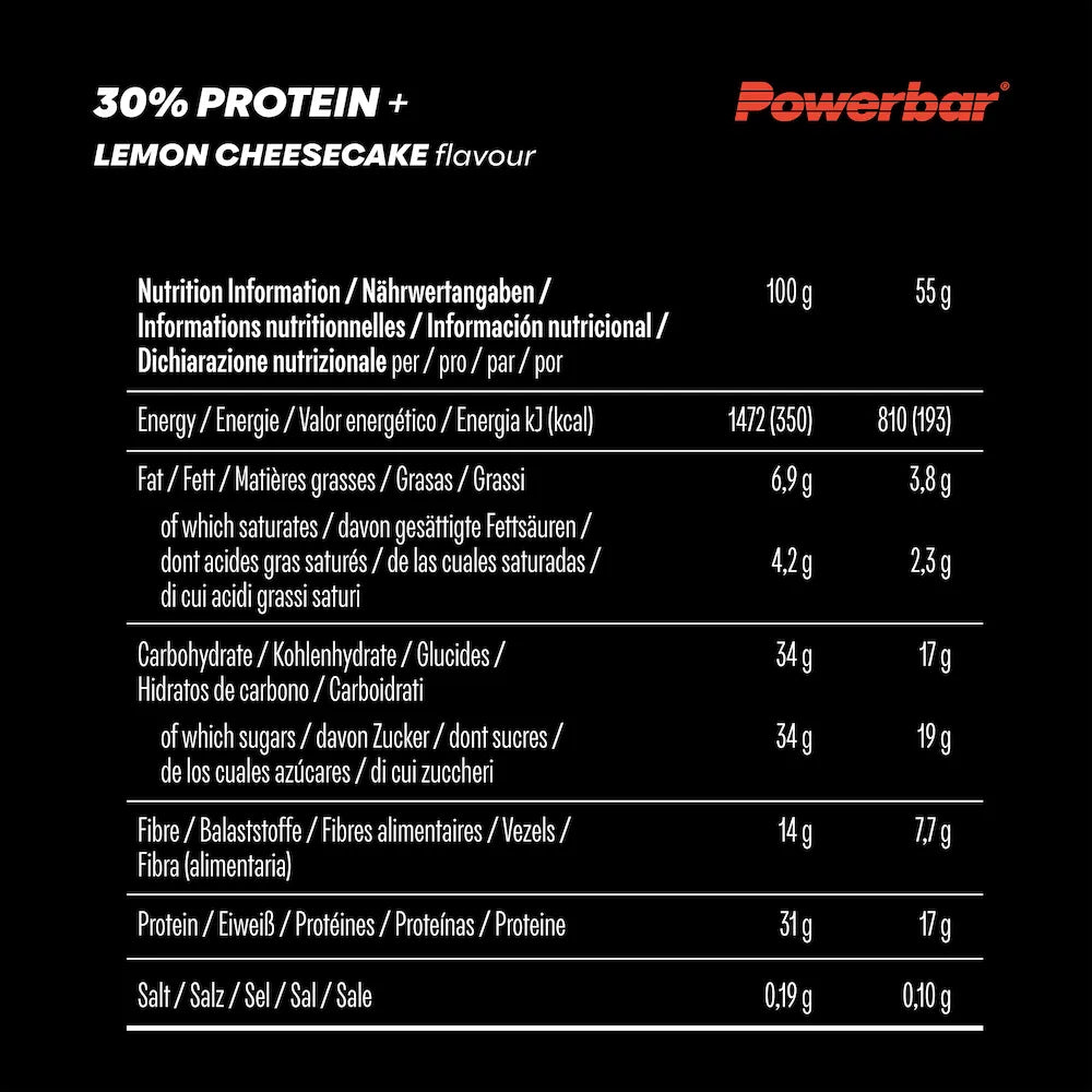 Tableau des valeurs nutritionnelles Powerbar Protein+ 30% Citron-Cheesecake pour 100 g et une barre de 55 g
