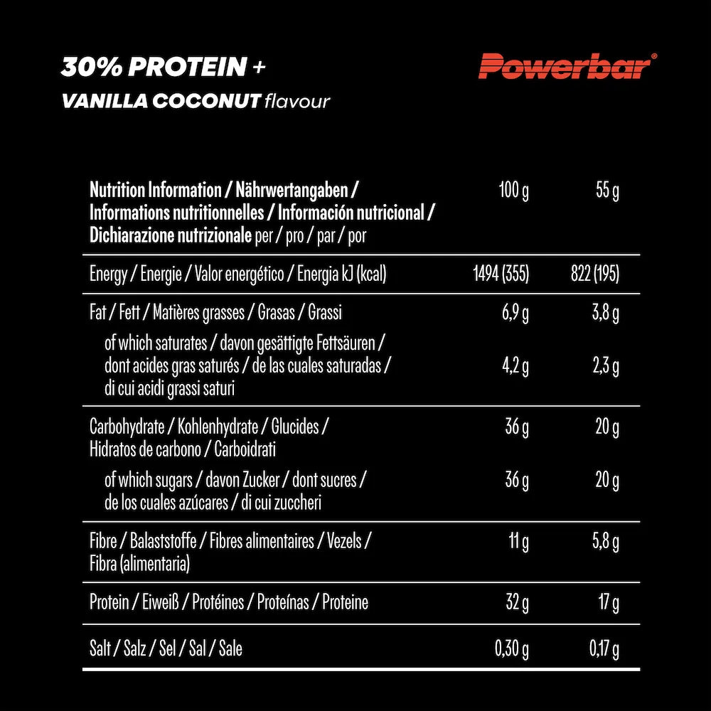 Tableau des valeurs nutritionnelles Powerbar Protein+ 30% Vanille-Coco pour 100 g et une barre de 55 g
