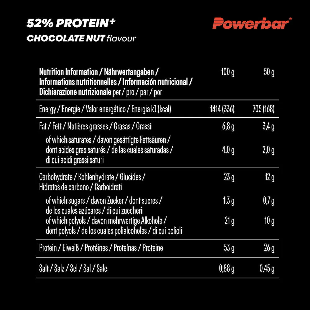 Tableau des valeurs nutritionnelles Powerbar Protein+ 52% Chocolat-noisettes pour 100 g et une barre de 50 g