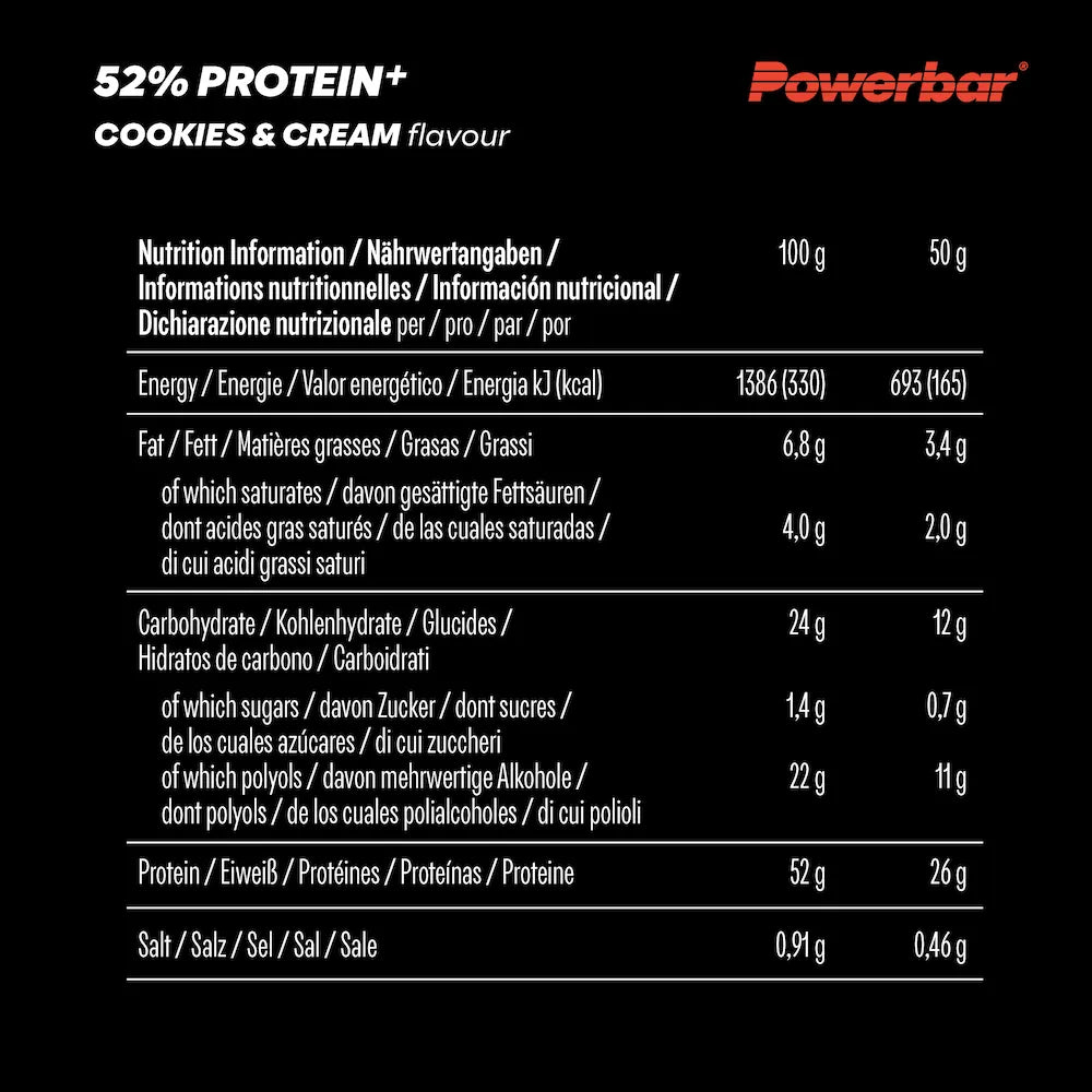Tableau des valeurs nutritionnelles Powerbar Protein+ 52% Cookies & Cream pour 100 g et une barre de 50 g