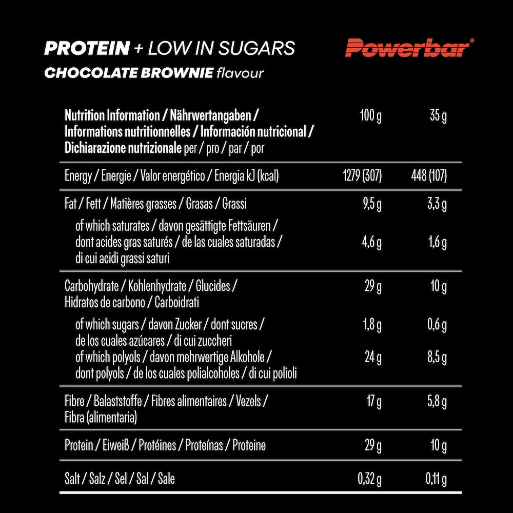 Tableau des valeurs nutritionnelles Powerbar Protein+ Low In Sugar Chocolat-Brownie pour 100 g et une barre de 35 g