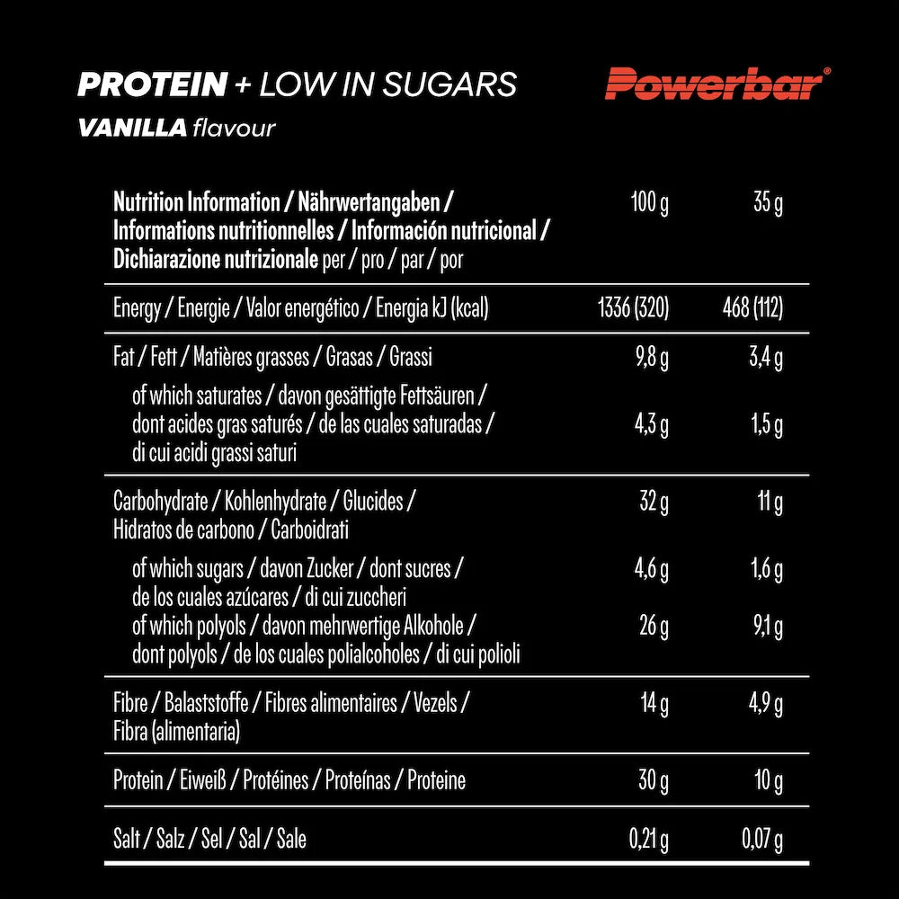 Tableau des valeurs nutritionnelles Powerbar Protein+ Low In Sugar Vanille pour 100 g et une barre de 35 g
