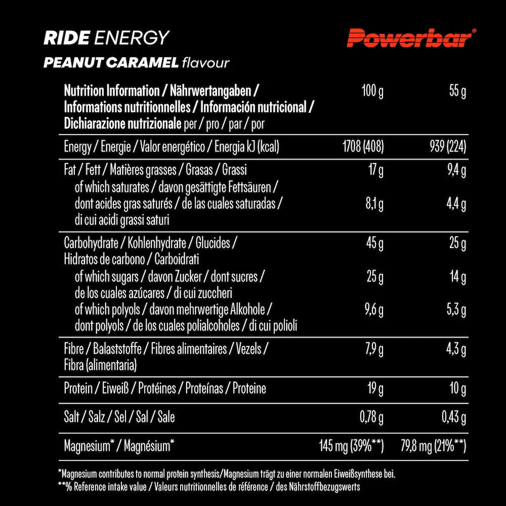 Tableau des valeurs nutritionnelles Powerbar Ride Energy Cacahuètes-caramel pour 100 g et une barre de 55 g