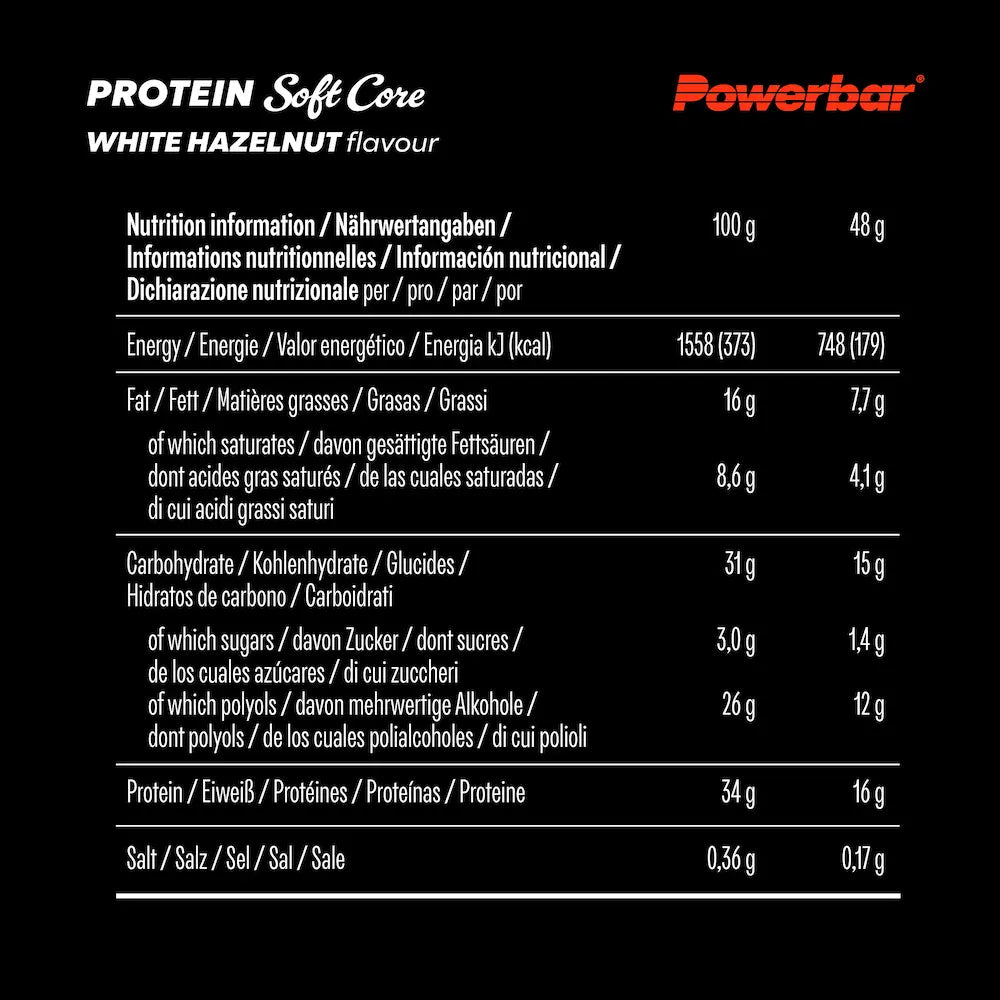 Tableau des valeurs nutritionnelles Powerbar Soft Core Chocolat Blanc Noisettes pour 100 g et une barre de 48 g