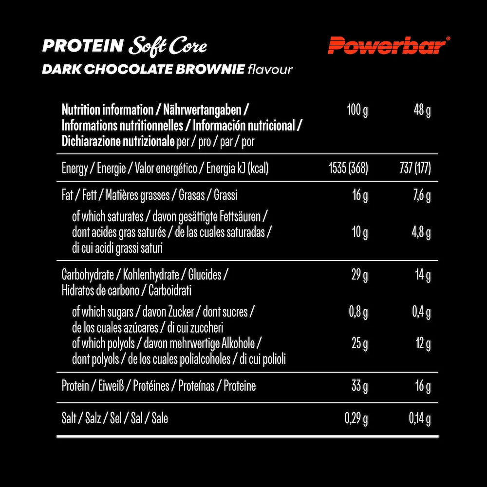 Tableau des valeurs nutritionnelles Powerbar Soft Core Chocolat Noir Brownie pour 100 g et une barre de 48 g