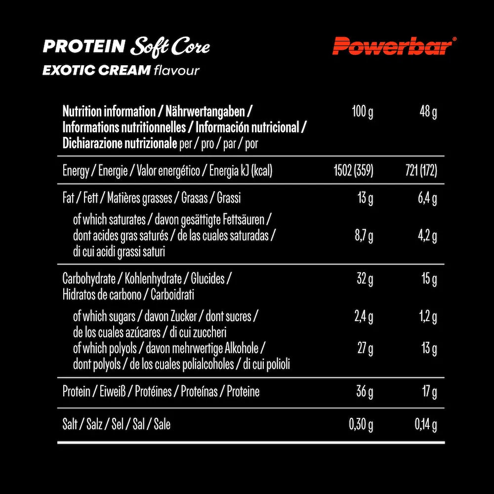 Tableau des valeurs nutritionnelles Powerbar Soft Core Exotique pour 100 g et une barre de 48 g